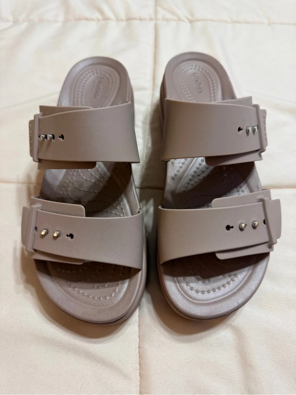 Crocs Double Strap Slide Sandals in Taupe